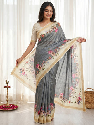 Elegant Grey Dola Silk Saree with Floral Digital Print and Zari Border - Image 1