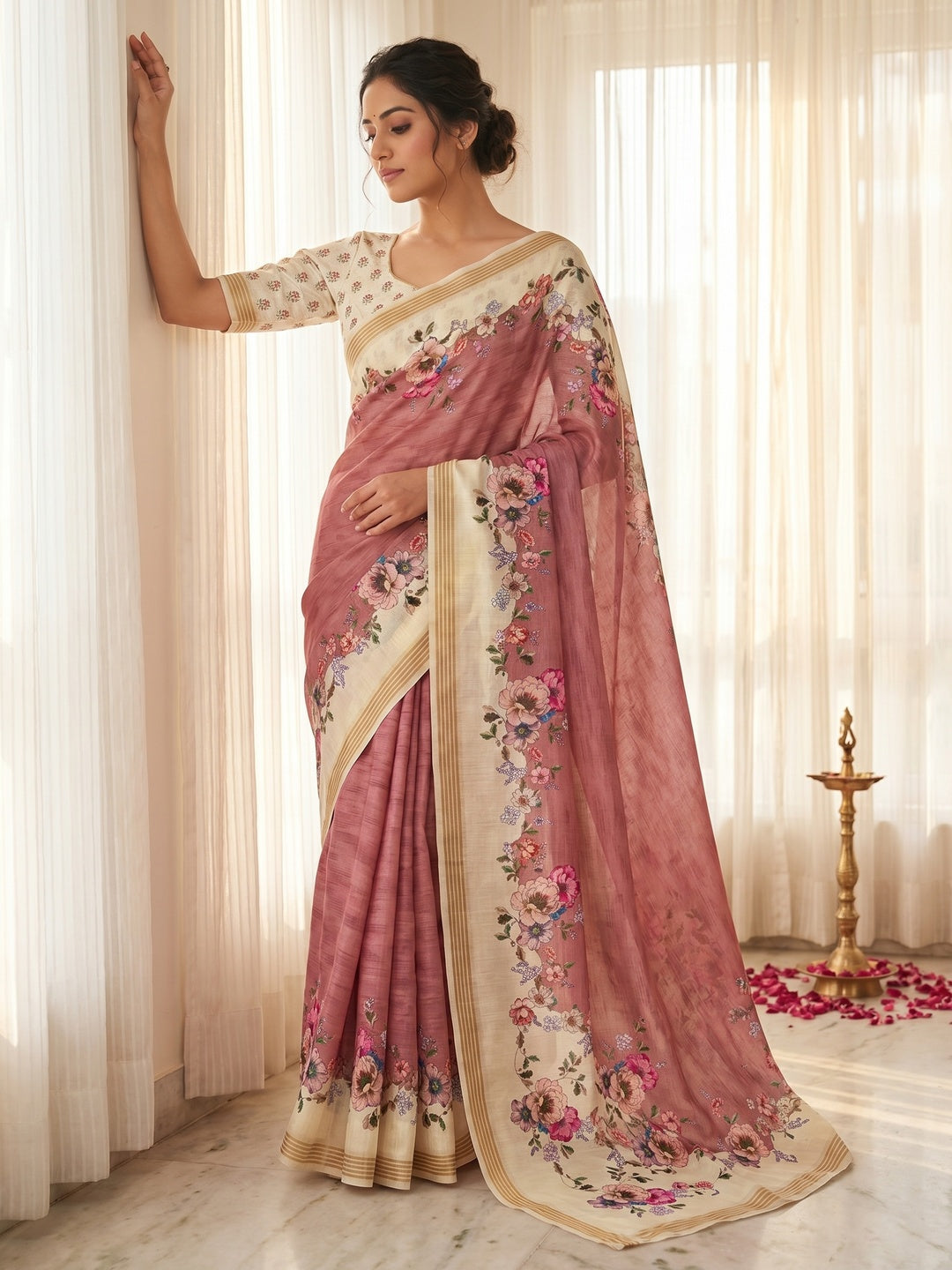 Elegant Dusty Pink Dola Silk Saree with Floral Digital Print and Zari Border - Image 1