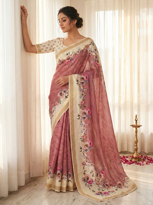 Elegant Dusty Pink Dola Silk Saree with Floral Digital Print and Zari Border - Image 1