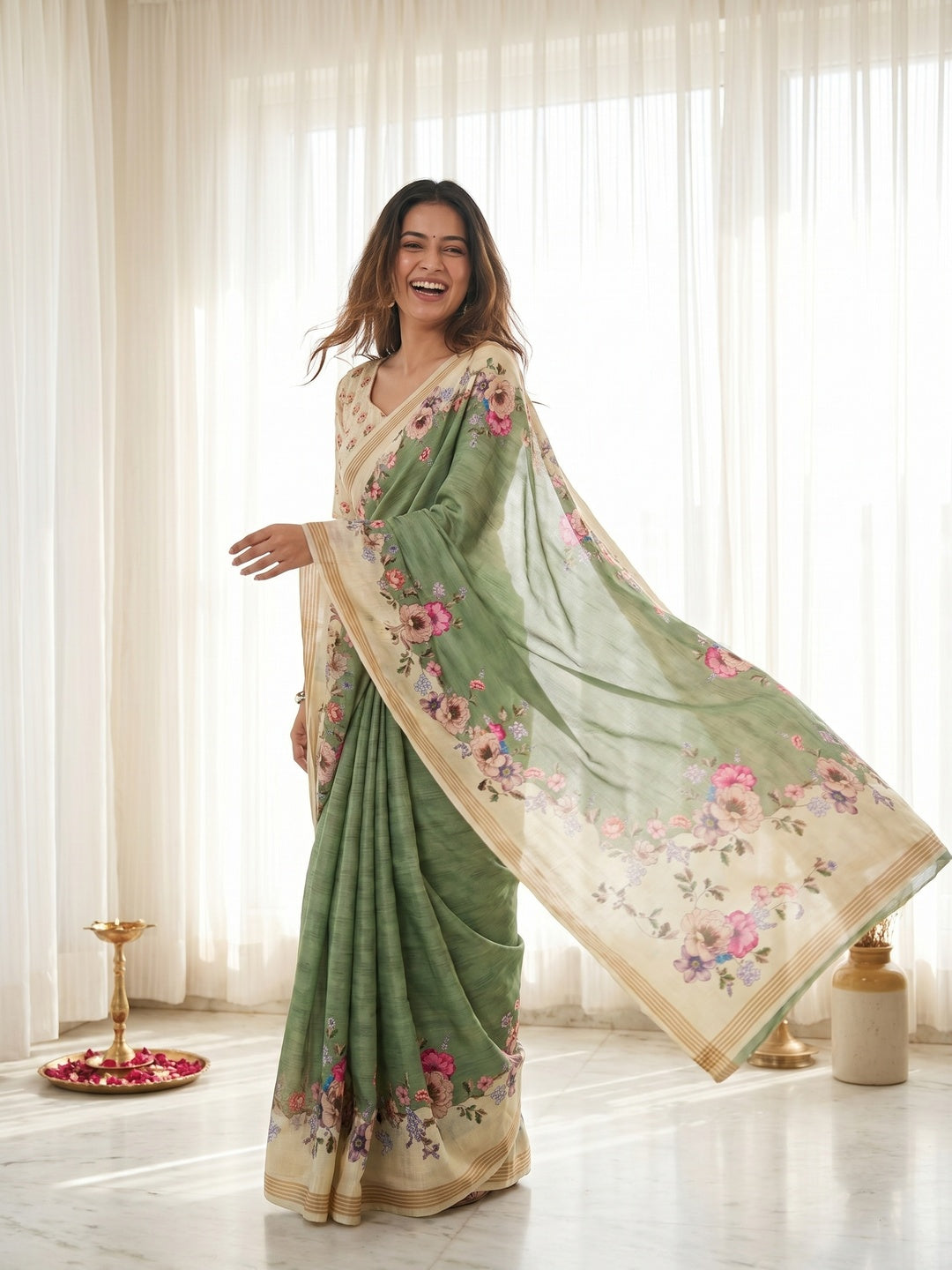 Elegant Green Dola Silk Saree with Floral Digital Print - Image 1