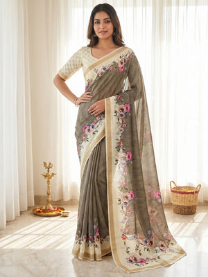Grey Dola Silk Saree with Elegant Floral Digital Print - Image 1