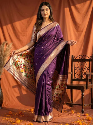 Graceful Dark Purple Paithani Banarasi Silk Saree With Zari Woven Border & Floral Designer Pallu - Image 1