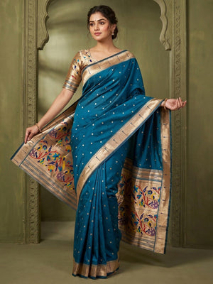 Graceful Morpich Blue Paithani Banarasi Silk Saree With Zari Woven Border & Floral Designer Pallu - Image 1