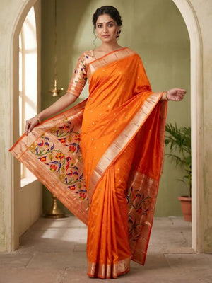 Graceful Orange Paithani Banarasi Silk Saree With Zari Woven Border & Floral Designer Pallu - Image 1