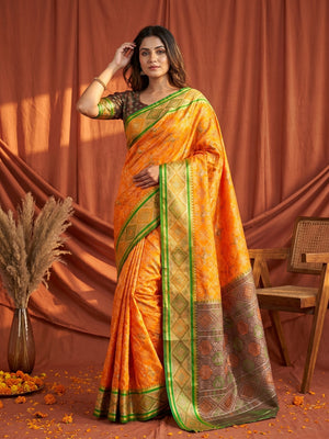 Mustard Art Silk Weaving Patola Saree with Fancy Border and Blouse - Image 1
