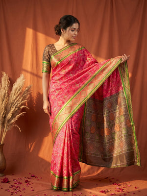 Pink Patola Art Silk Weaving Saree with Fancy Woven Border and Blouse - Image 1