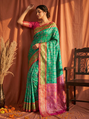 Rama Green Art Silk Patola Weaving Saree with Fancy Pink Border and Blouse - Image 1