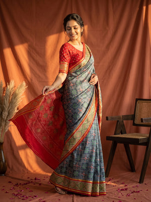 Elegant Grey Art Silk Patola Weaving Saree with Fancy Pallu and Blouse - Image 1