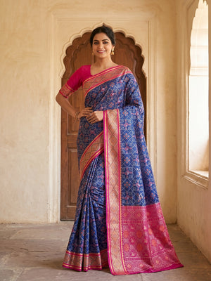 Navy Blue Art Silk Patola Weaving Saree with Fancy Border and Matching Blouse - Image 1