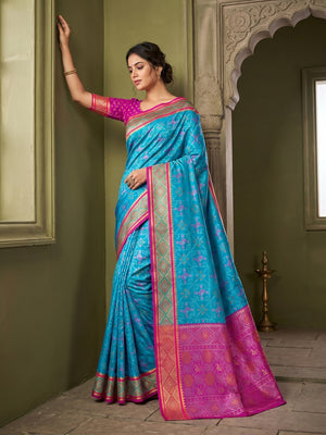 Elegant Blue Art Silk Patola Weaving Saree with Fancy Pallu and Blouse - Image 1