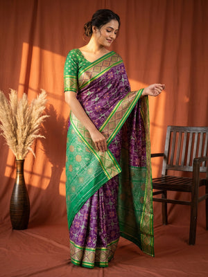 Elegant Wine Art Silk Patola Weaving Saree with Traditional Green Border - Image 1