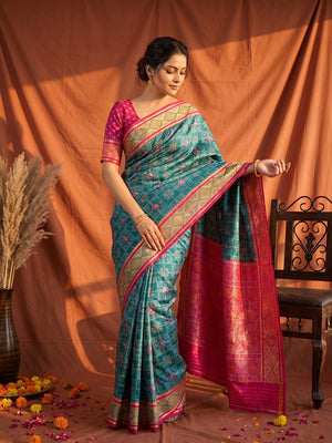 Elegant Blue Art Silk Patola Weaving Saree with Fancy Border and Blouse - Image 1