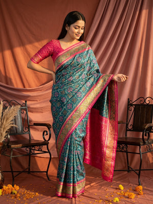 Elegant Blue Art Silk Patola Weaving Saree with Fancy Border and Blouse - Image 1