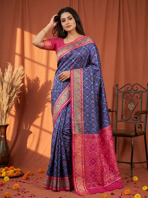 Navy Blue Art Silk Patola Weaving Saree with Fancy Border and Blouse - Image 1