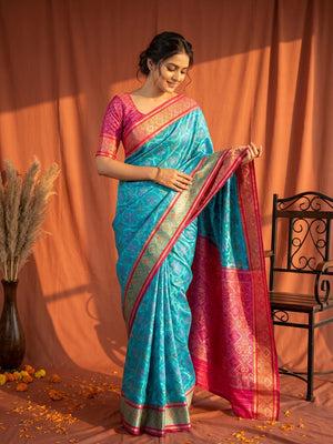 Blue Art Silk Patola Weaving Saree with Fancy Pallu and Blouse - Image 1