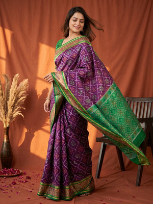 Wine Art Silk Patola Weaving Saree with Fancy Border and Matching Blouse - Image 1