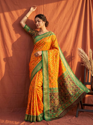Mustard Art Silk Patola Weaving Saree with Fancy Pallu and Blouse - Image 1