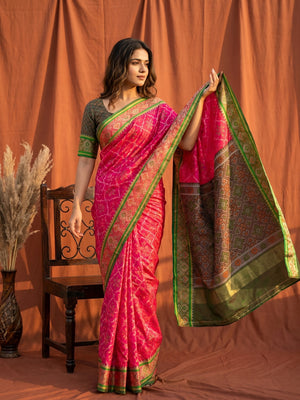 Vibrant Pink Art Silk Patola Weaving Saree with Fancy Weaved Pallu and Blouse - Image 1