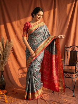 Elegant Grey Art Silk Patola Weaving Saree with Fancy Red Border and Pallu - Image 1