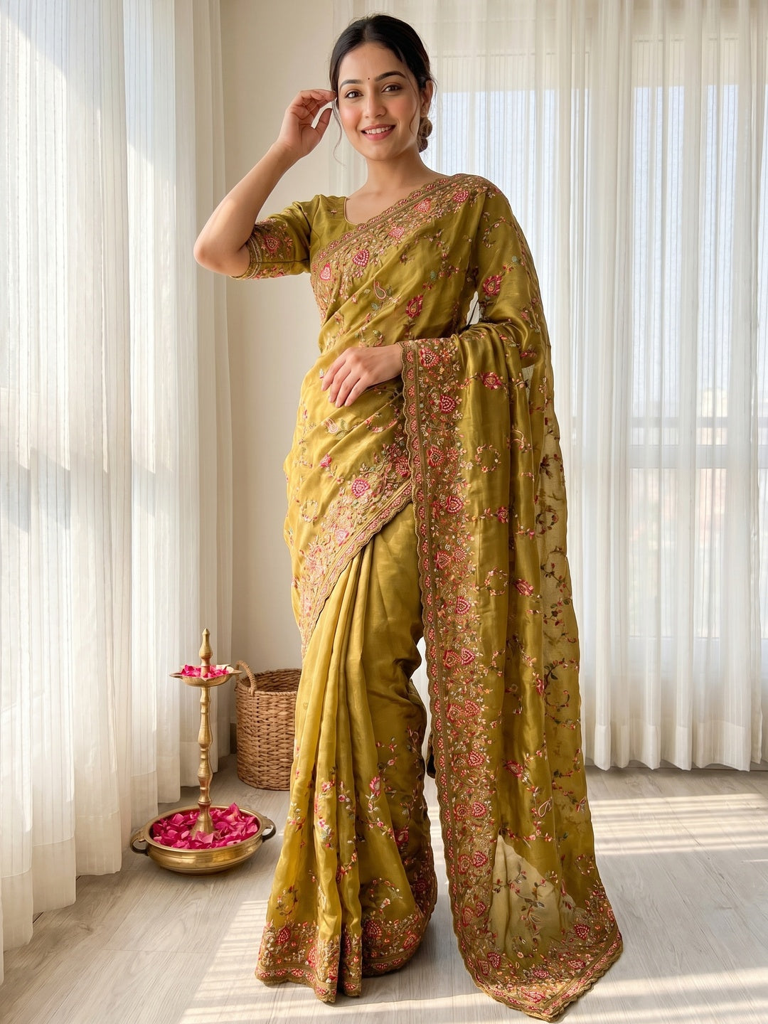 Elegant Mustard Satin Saree with Intricate Thread Work Embroidery - Image 1