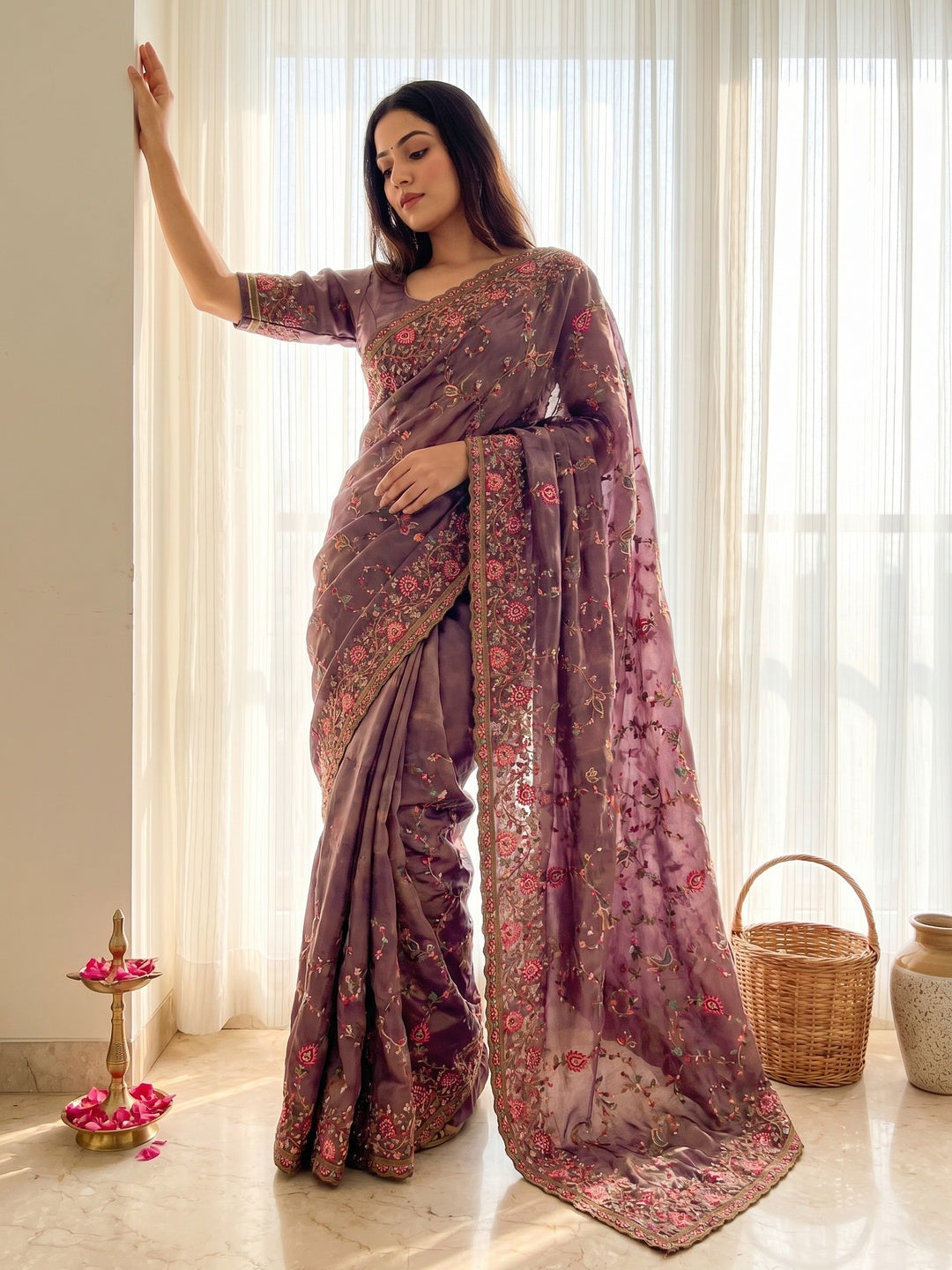 Elegant Purple Satin Saree with Intricate Thread Work Kashmiri Embroidery - Image 1