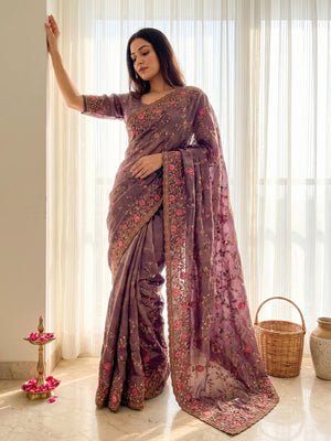 Elegant Purple Satin Saree with Intricate Thread Work Kashmiri Embroidery - Image 1