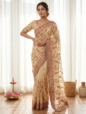 Elegant Cream Satin Saree with Intricate Thread Work Embroidery - Image 1