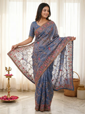 Elegant Blue Satin Saree with Intricate Kashmiri Embroidery Work - Image 1
