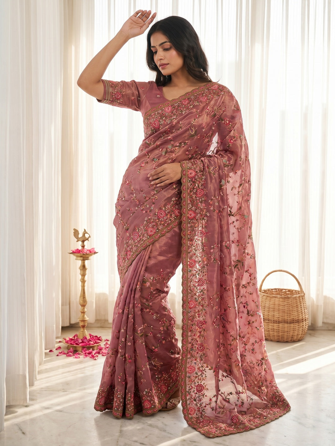 Elegant Pink Satin Saree with Intricate Thread Work and Kashmiri Embroidery - Image 1