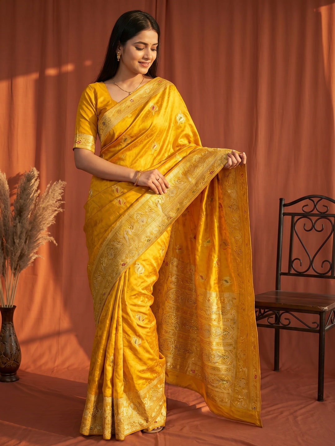 Mustard Organza Satin Silk Saree with Intricate Zari Work - Image 1