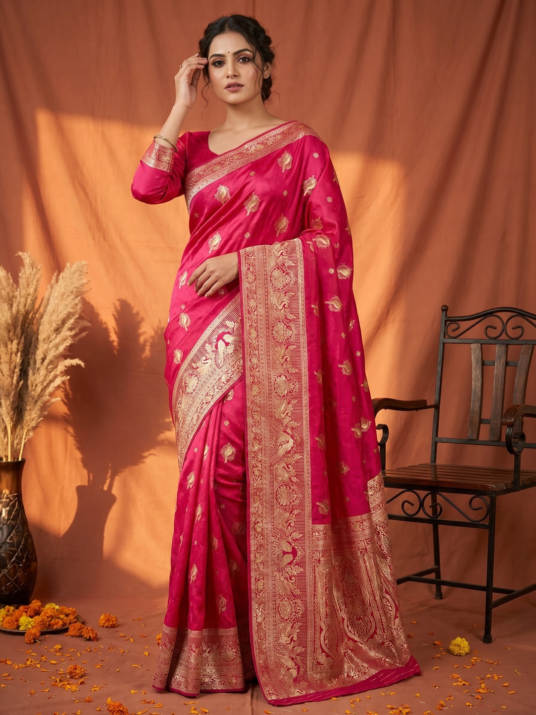 Elegant Pink Organza Satin Silk Saree with Zari Work - Image 1