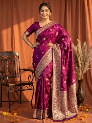 Elegant Magenta Organza Satin Silk Saree with Intricate Zari Woven Border - Image 1