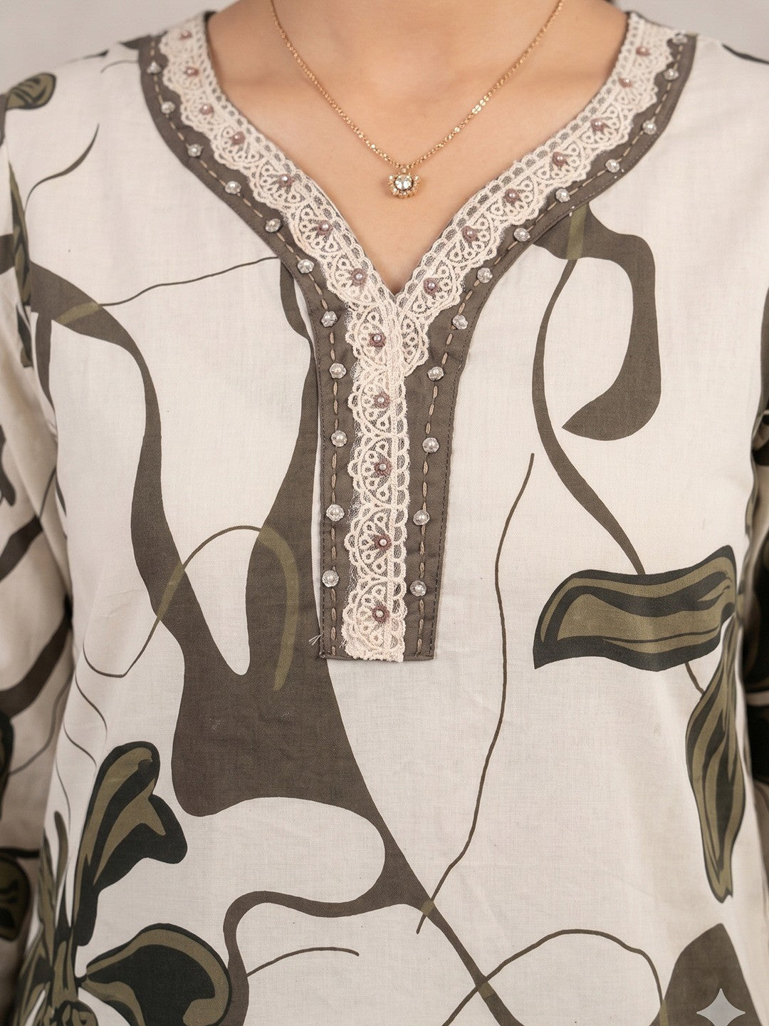 Beige and Green Floral Printed Pure Cotton Top Bottom Set Elegant Look - Image 4