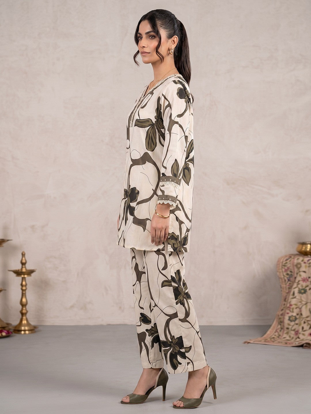 Beige and Green Floral Printed Pure Cotton Top Bottom Set Elegant Look - Image 2