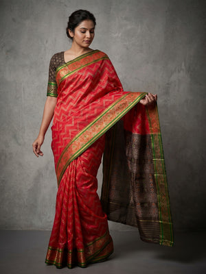 Red Zig-Zag Pattern Art Silk Patola Weaving Saree with Contrast Blouse - Image 1