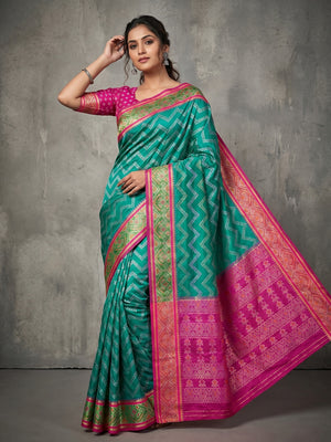 Rama Green Art Silk Patola Weaving Saree with Fancy Border and Matching Blouse - Image 1