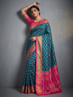 Blue Zig-Zag Patterned Art Silk Patola Weaving Saree with Contrast Pink Border - Image 1