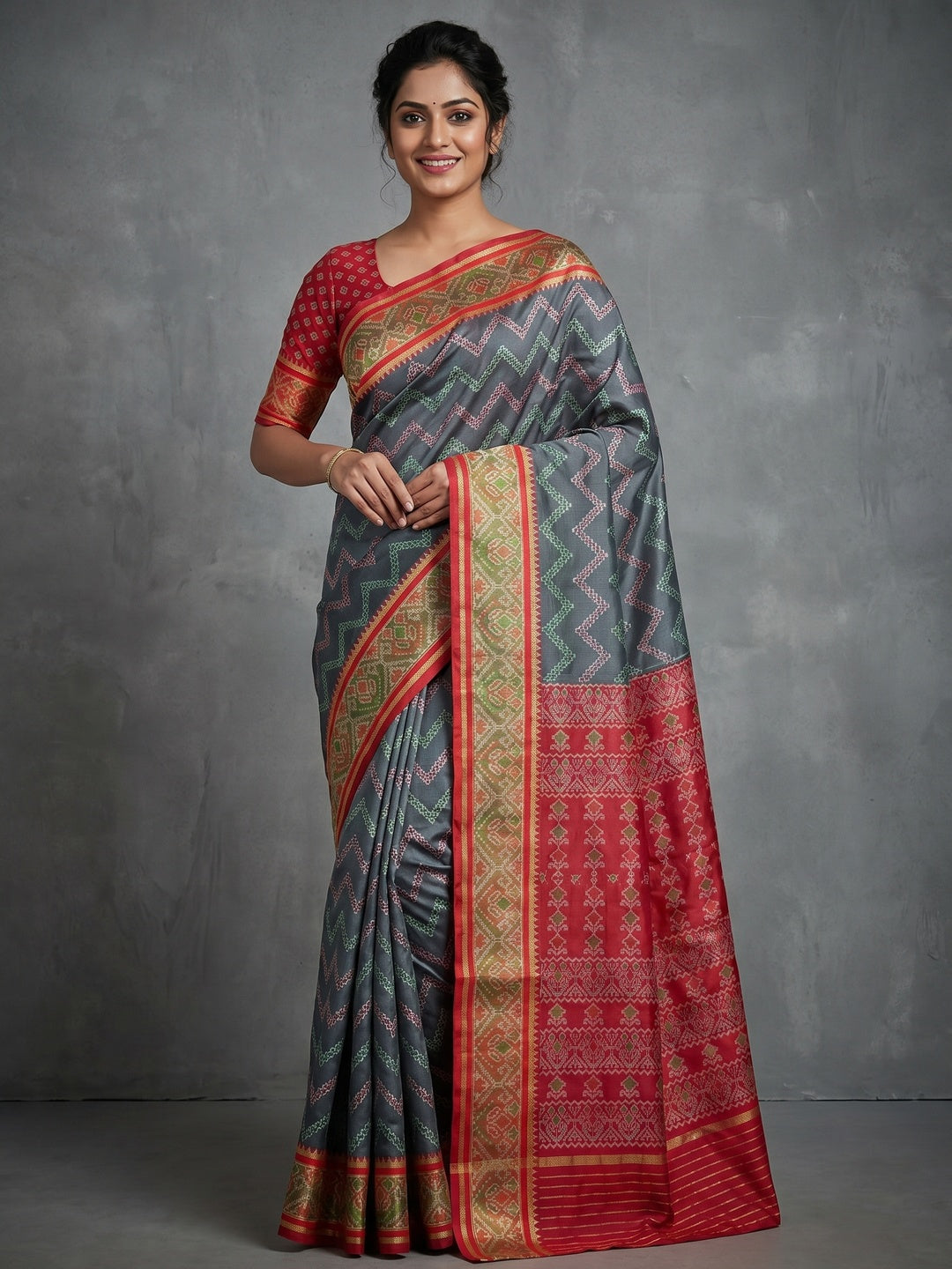 Elegant Grey Art Silk Zig-Zag Patola Weaving Saree with Contrast Red Blouse - Image 1