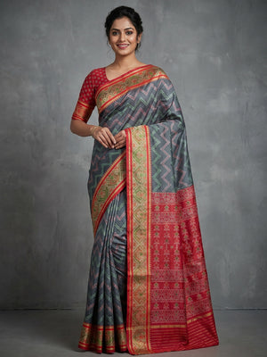 Elegant Grey Art Silk Zig-Zag Patola Weaving Saree with Contrast Red Blouse - Image 1
