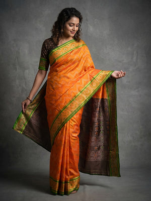 Mustard Zig-Zag Art Silk Patola Weaving Saree with Contrast Border and Blouse - Image 1