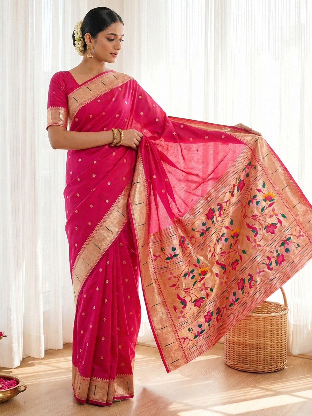 Pink Floral Weaving Banarasi Silk Paithani Saree With Zari Border & Designer Pallu - Image 1