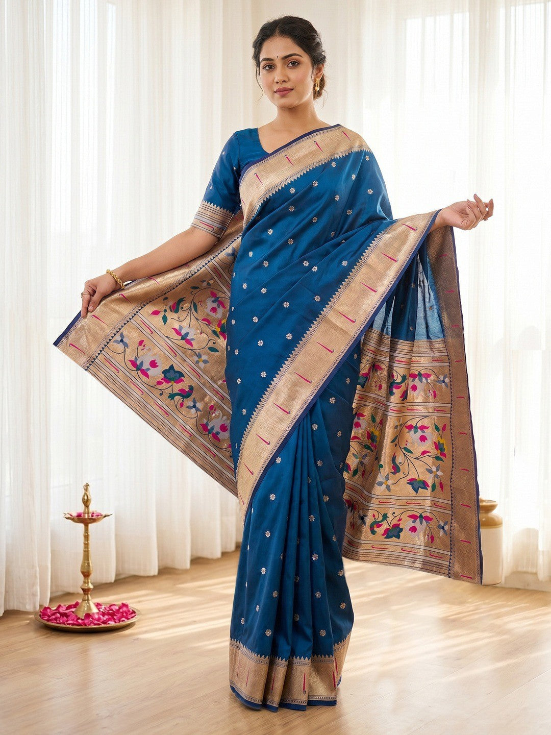 Morpich Blue Floral Weaving Banarasi Silk Paithani Saree With Zari Border & Designer Pallu - Image 1