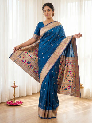 Morpich Blue Floral Weaving Banarasi Silk Paithani Saree With Zari Border & Designer Pallu - Image 1