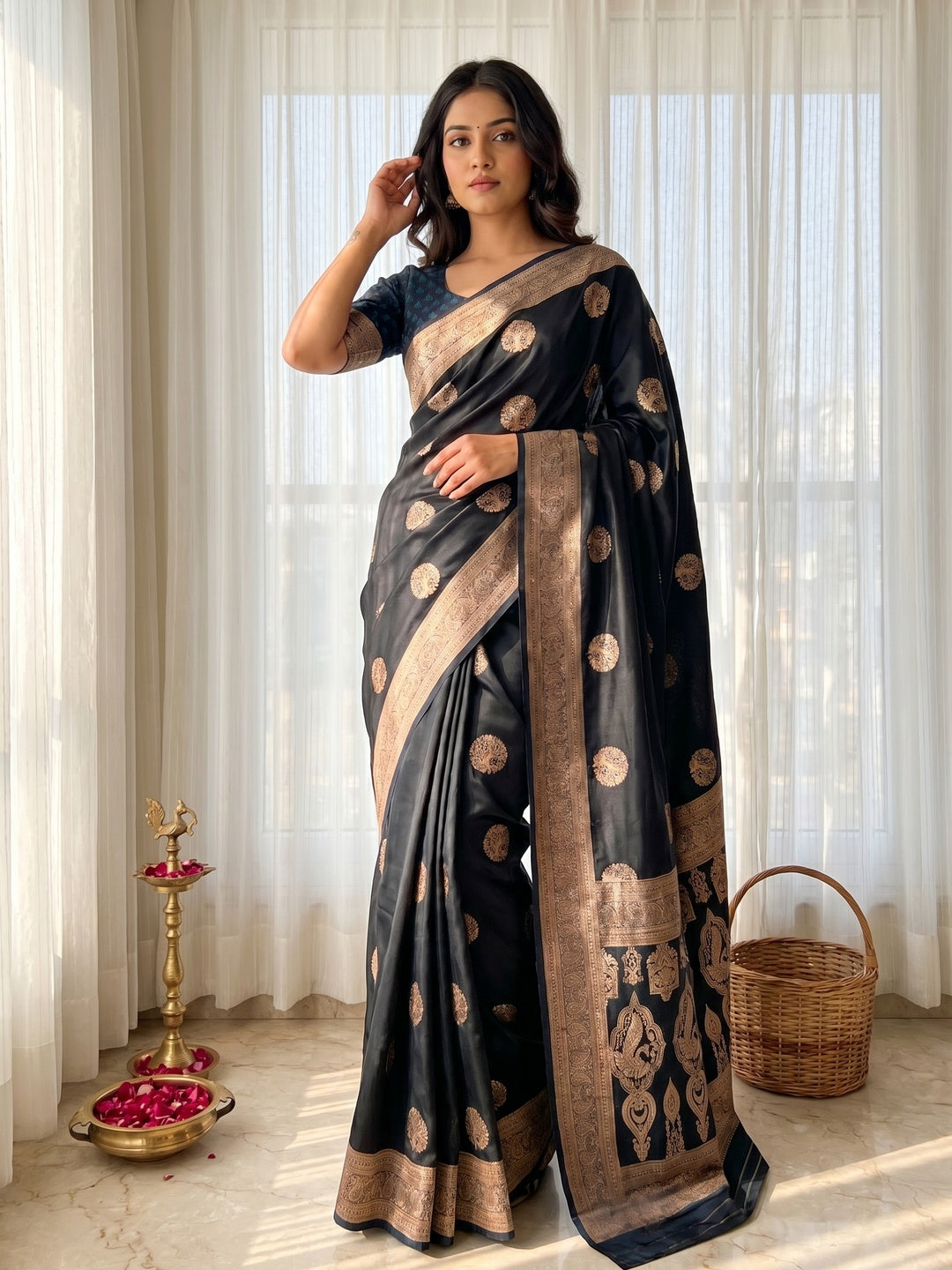 Elegant Black Satin Saree with Sophisticated Zari Weaving and Floral Motifs - Image 1