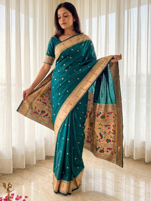 Teal Green Floral Weaving Banarasi Silk Paithani Saree With Zari Border & Designer Pallu - Image 1