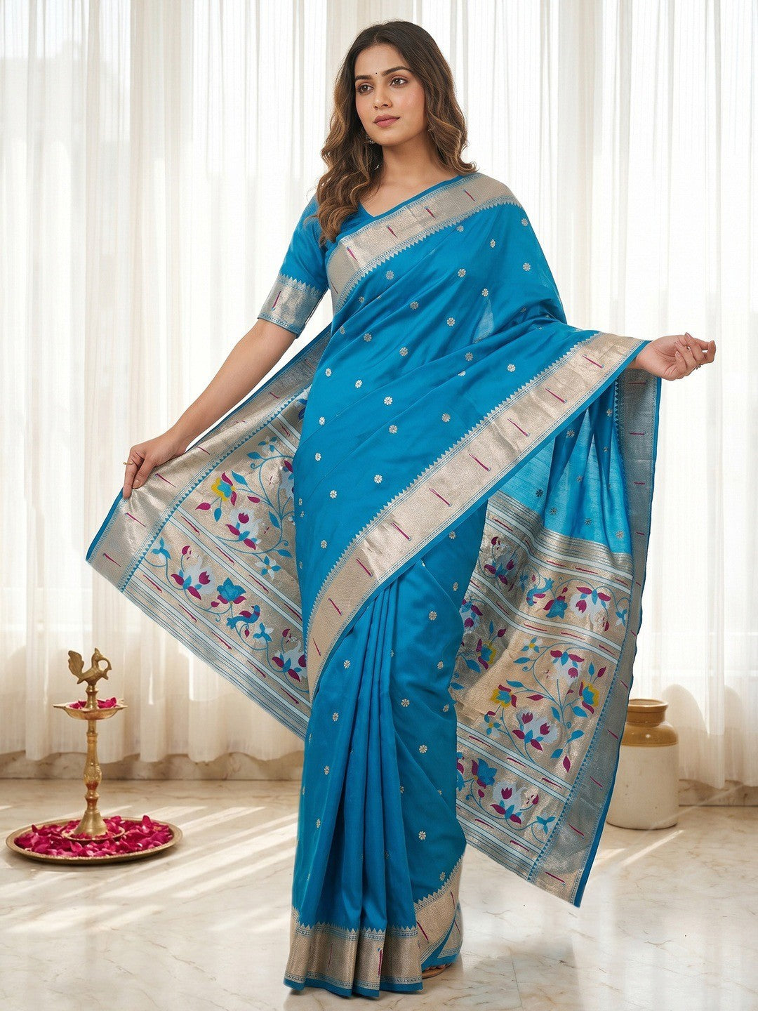Blue Floral Weaving Banarasi Silk Paithani Saree With Zari Border & Designer Pallu - Image 1