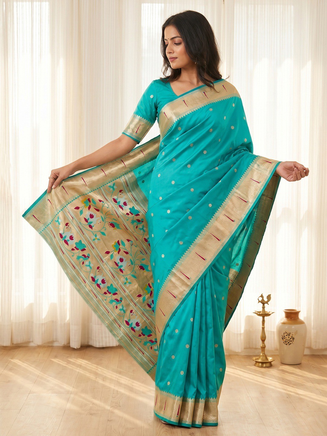 Turquoise Floral Weaving Banarasi Silk Paithani Saree With Zari Border & Designer Pallu - Image 1