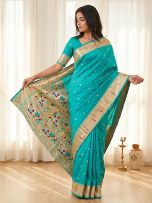Turquoise Floral Weaving Banarasi Silk Paithani Saree With Zari Border & Designer Pallu - Image 1