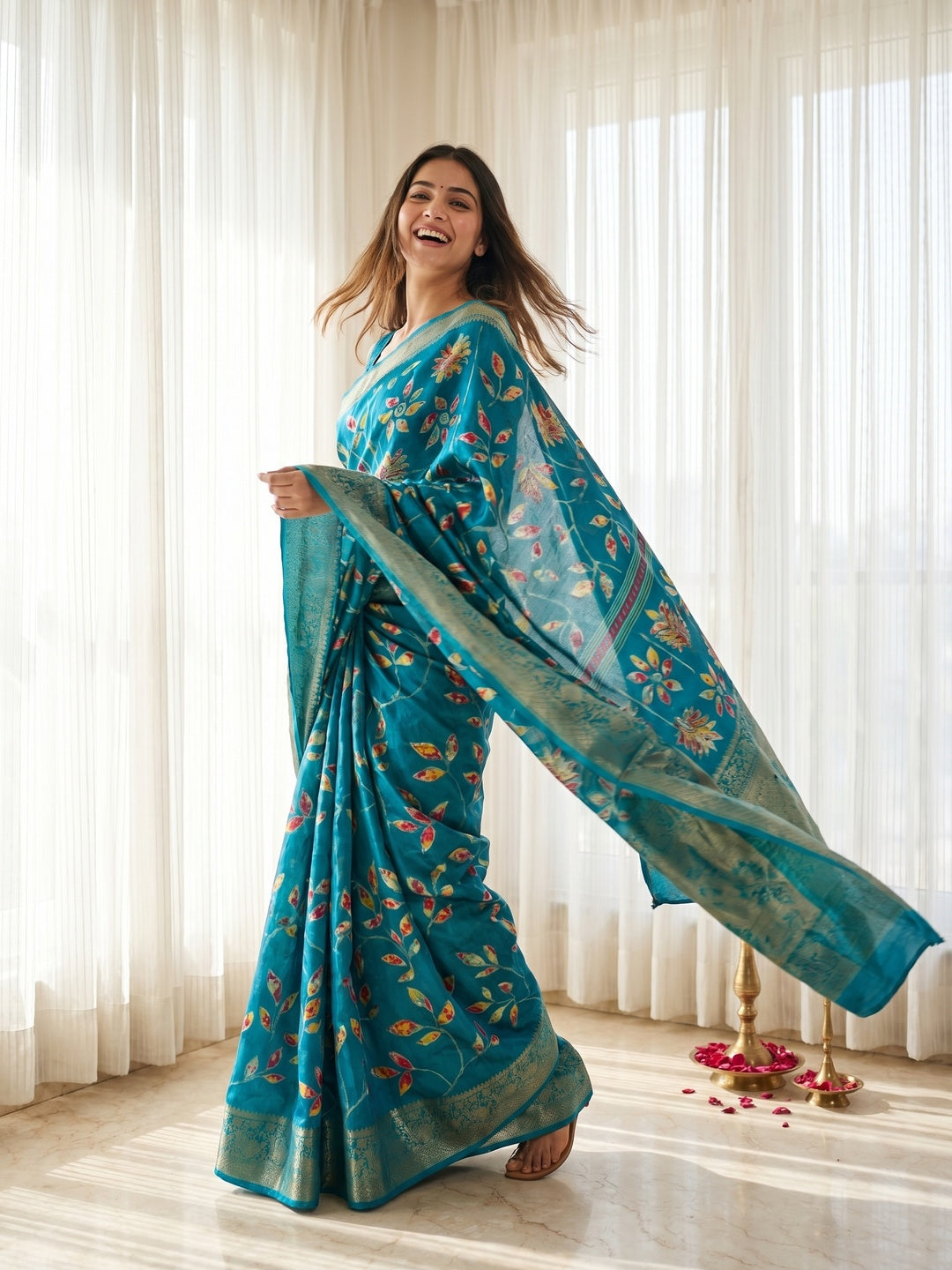 Rama Blue Dola Silk Saree with Floral Print and Jacquard Border - Image 1