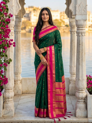 Green Cotton Silk Saree with Luxurious Golden Border Design - Image 1